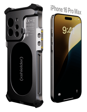 Image of the Xshielder explosion proof Smartphone cover and a Apple iPhone 16 Pro Max, side by side